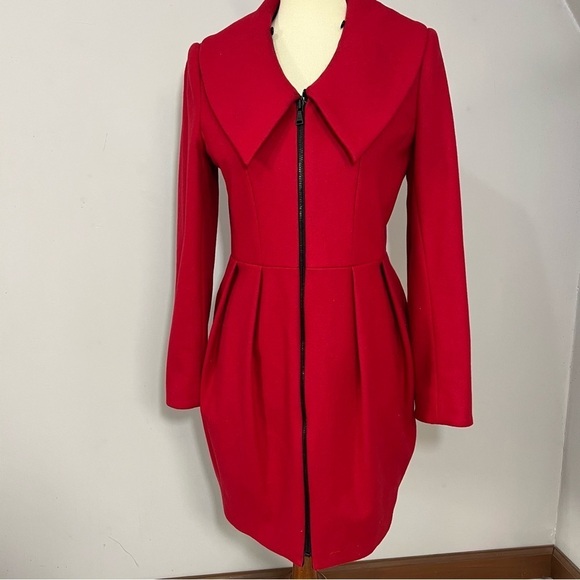 Alice + Olivia Campbell red wool coat medium fit & flare cinched waist peacoat - Picture 8 of 11